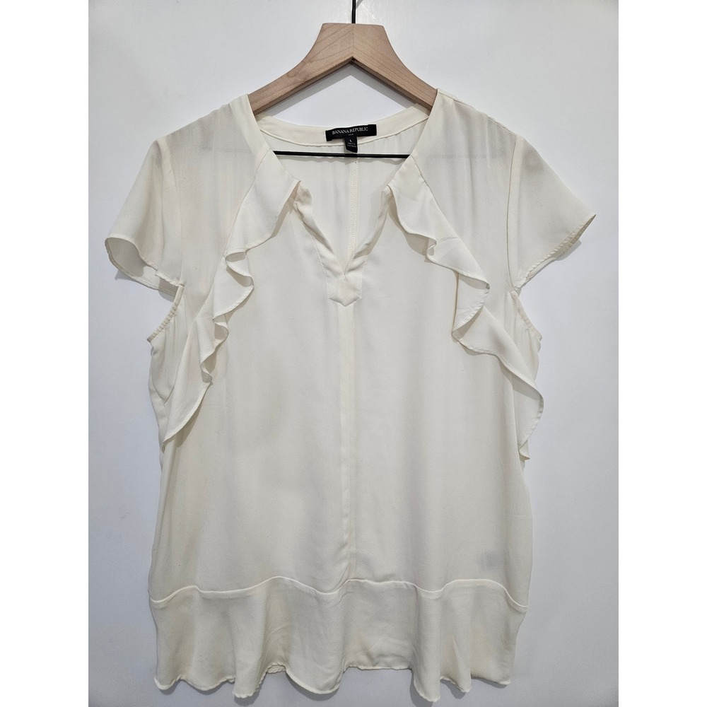 Banana Republic Womens Cream Ruffle V-Neck Cap Sleeve Blouse Top Large